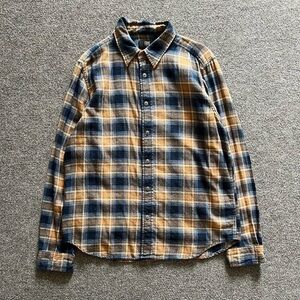 Frye Plaid Flannel Button Down Long Sleeve Shirt Men’s L 100% Cotton Camel Blue